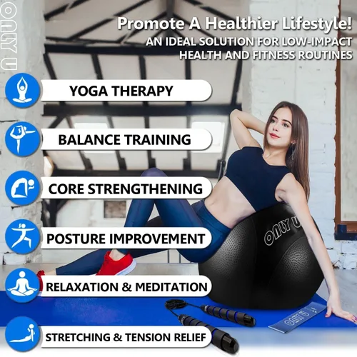 Vista 2 de only U Pelota de yoga premium, pelota de ejercicio, pelota de fitness, equilibrio y estabilidad, tamaño de 25.6 in, PVC ecológico, antiestallido