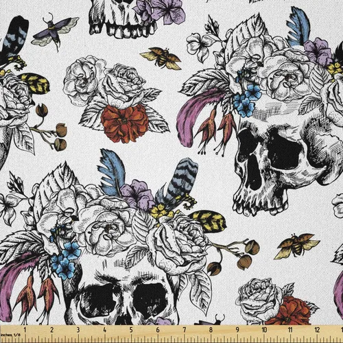 Vista 32 de Ambesonne The Yard, tela de calavera colorida con temática de Halloween, diseño de calavera y huesos cruzados, divertido estampado de dibujos