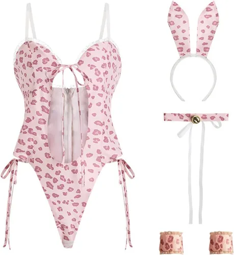 Vista 6 de SNOMYRS Disfraz sexy de conejito para cosplay, anime, conejo rosa, lencería para mujer, traje de conejo con orejas de conejo