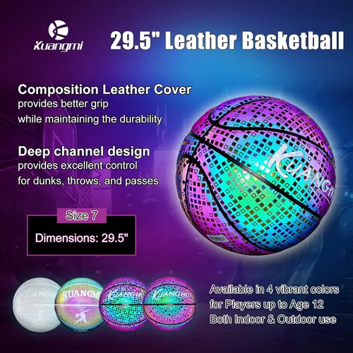 Vista 2 de Kuangmi Baloncesto reflectante brillante holográfico luminoso para juego nocturno, canasta iluminada, tamaño oficial 7 29.5 pulgadas