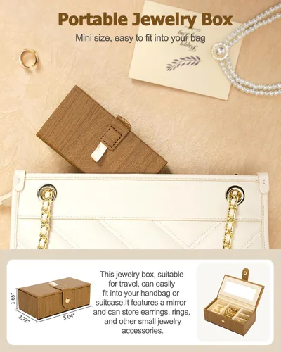 Vista 4 de Homde Joyero 2 en 1 para mujeres y niñas con estuche de viaje pequeño, espejo, collar, anillo y aretes, organizador (marrón + dorado)