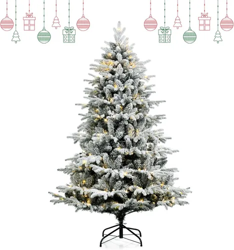 Vista 10 de GOFLAME Árbol de Navidad flocado de nieve de 4.5 pies, árbol de Navidad preiluminado con 120 luces LED y 757 puntas de polietileno y PVC, árbol