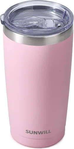 Vista 24 de SUNWILL - Vaso para café de viaje de 20 onzas, taza aislada con tapa, taza de acero inoxidable para bebidas frías y calientes, gris claro Gris oscuro