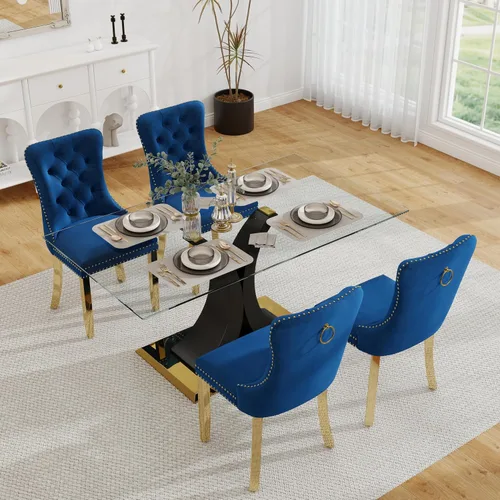 Vista 35 de Juego de comedor moderno de vidrio de lujo de 5 piezas, juego de cena rectangular minimalista grande para 4, juego de mesa de cocina de vidrio