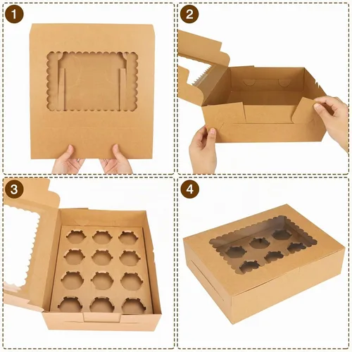 Vista 3 de Moretoes 34 juegos de cajas para cupcakes, capacidad para 12 cupcakes cada una, recipientes marrones con ventana e insertos, 13 x 10 x 3.5 pulgadas