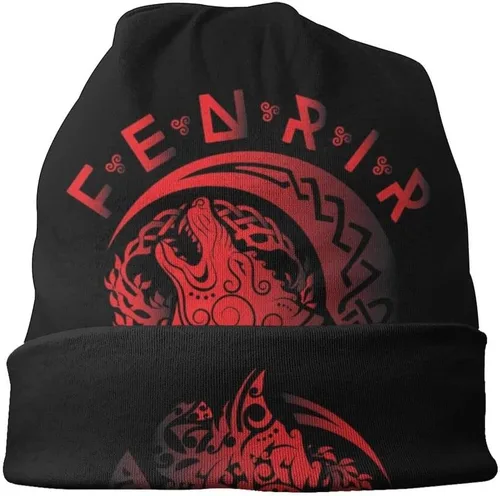 Vista 2 de Viking Tattoo Fenrir Wolf Beanie Hat Street Skullies Hombre Mujer Nórdico Sombrero Invierno Cálido Moda Hip Hop Sombrero