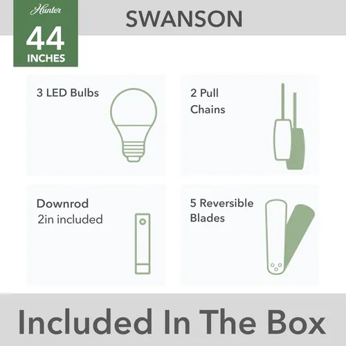Vista 9 de Hunter Swanson 50885 - Ventilador de techo interior de 44 pulgadas con luces LED, ventilador de techo blanco con cadena de tracción
