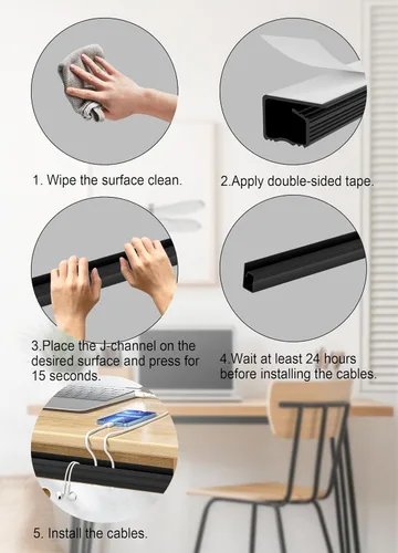 Vista 5 de Organizador de cables para debajo del escritorio, canal en J, paquete de 6 organizadores de cables adhesivos 6-pack adhesive J channel organizes