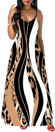 Vista 6 de Vestido largo sexy de verano para mujer, casual, cuello en V, tirantes delgados ajustables, sin mangas, tallas grandes con bolsillos