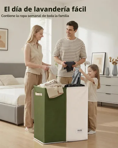 Vista 4 de SOLEDI Cesta de lavandería grande doble con tapa, cesta de ropa plegable de 2 secciones con bolsas extraíbles, cesta de lavandería que ahorra