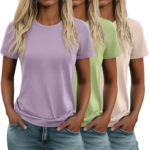 Vista 12 de Huukeay Paquete de 3 camisetas de algodón para mujer, estilo casual, de manga corta, cuello redondo, ajuste holgado, básica, lisa