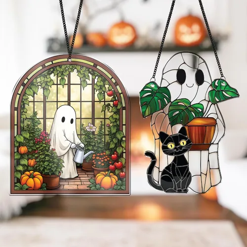Vista 8 de 2 bonitos atrapasoles de decoración de Halloween, 6 pulgadas, espeluznante planta fantasma, para colgar en la ventana, fantasma con gato negro