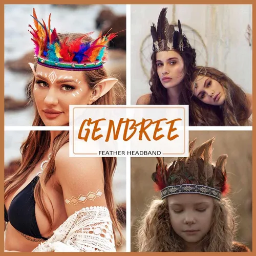 Vista 7 de GENBREE Diadema de plumas arco iris indio tocado corona tocado tocado carnaval disfraz accesorios para el cabello para mujer