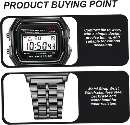 Vista 4 de Reloj digital, reloj deportivo LED F91W - Reloj electrónico ajustable con correa de acero para negocios