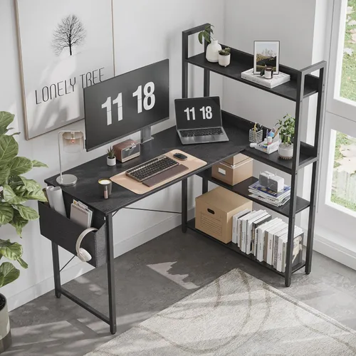 Vista 2 de Treesland 40 Inch Computer Desk with Bookshelf, Corner Desk with Storage, L Shaped Desk, Home Office Desks, Writing Study Desk for Bedroom, Black