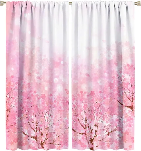 Vista 61 de Cortinas de cerezo, paisaje japonés, árbol de cerezo natural, primavera, dormitorio, sala de estar, ventana, 2 juegos de paneles, 42 x 45 pulgadas