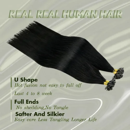 Vista 2 de RUNATURE Extensiones de cabello humano con punta en U, extensiones de cabello humano negro azabache, extensiones de cabello humano con punta