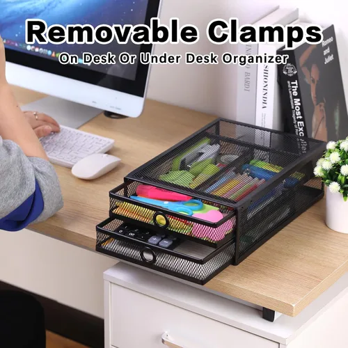 Vista 3 de ROSYLINE Organizador de cajones para debajo del escritorio y escritorio, organizador de cajones deslizantes de metal de 2 niveles, almacenamiento