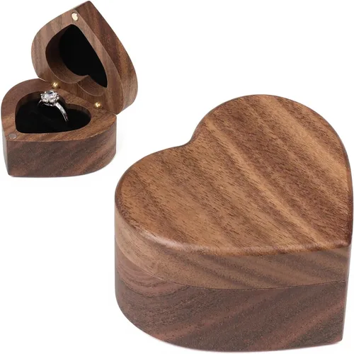 Vista 11 de Caja de Anillo de Propuesta de Compromiso Delgada de Madera en Forma de Corazón Caja Portador Soporte de Anillos para Ceremonia de Boda, Día de Una