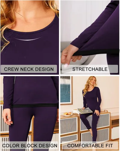 Vista 3 de Ekouaer Conjunto de ropa interior térmica para mujer, ropa interior larga, capa base, ligero, conjunto de 2 piezas