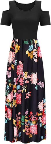 Vista 3 de Elegante vestido de retazos para mujer vestido de verano floral de manga corta vestido casual con hombros descubiertos