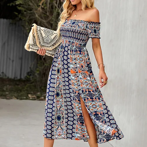 Vista 2 de GOTOTOP Vestido largo de verano con abertura y hombros descubiertos para mujer, estilo bohemio, estampado floral, acampanado, con vuelo