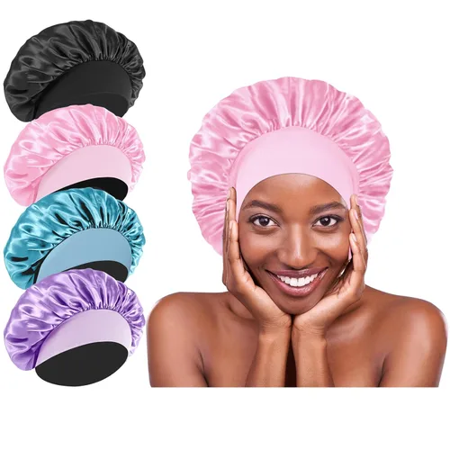 Vista 12 de 4 gorros de satén de seda para dormir, banda ancha elástica para mujeres y hombres, gorros de seda para cabello rizado para dormir