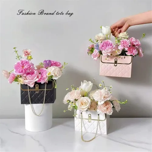 Vista 5 de Caja de regalo de papel de flores con cadena de metal, cajas de flores portátiles, cajas para arreglos florales, cajas de flores para arreglos, 4