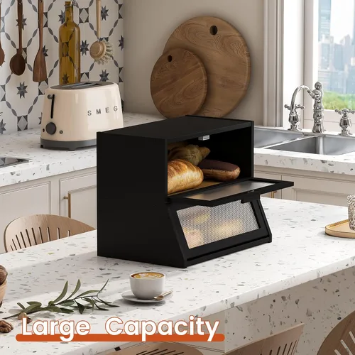 Vista 5 de GHWIE Panera de bambú de doble capa para encimera de cocina, contenedor de almacenamiento de pan de gran capacidad, recipiente para pan con panel