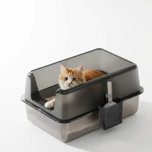 Vista 8 de Caja de arena para gatos de acero inoxidable, caja de arena de metal cerrada XL con tapa y filtro de arena lateral, diseño antiadherente antifugas