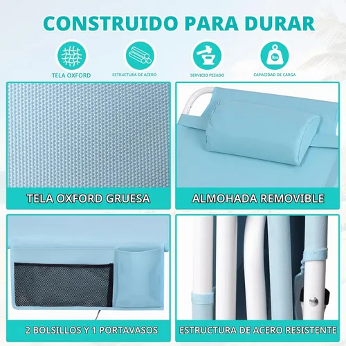 Vista 6 de Silla de bronceado con paraguas UPF 50+ ajustable, tumbona plegable resistente para exteriores, reclinable, 5 posiciones, para tomar el sol, tomar