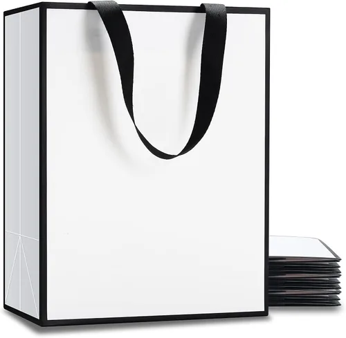 Vista 33 de Bolsas de regalo negras con asas, 10 bolsas de papel kraft de 5.25 x 3.75 x 8 pulgadas para bodas, fiestas, negocios, venta al por menor Negro