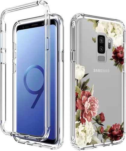 Vista 6 de Funda protectora para Samsung Galaxy S9+ G965U con protector de pantalla de vidrio templado, lindo patrón floral transparente de cuerpo completo