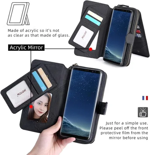 Vista 4 de Asuwish Funda de teléfono para Samsung Galaxy S8 Plus con cremallera, funda desmontable con protector de pantalla y soporte para tarjeta de espejo
