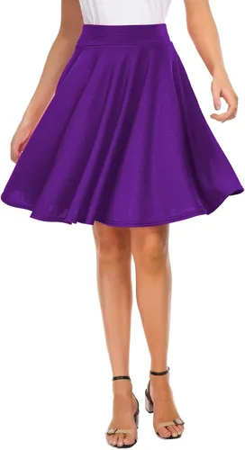 Vista 10 de EXCHIC Falda básica para mujer, estilo patinadora, casual, elástica, plisada, minifalda con vuelo midi de línea A 10