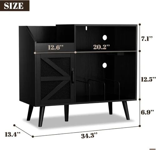 Vista 2 de Loomie Soporte grande para tocadiscos con toma de corriente y luz LED, gabinete de almacenamiento de discos de vinilo 350 con puerta magnética, mesa