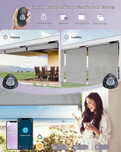 Vista 4 de Graywind Persianas motorizadas para exterior de patio, compatibles con Alexa y Google, persianas enrollables eléctricas con energía solar
