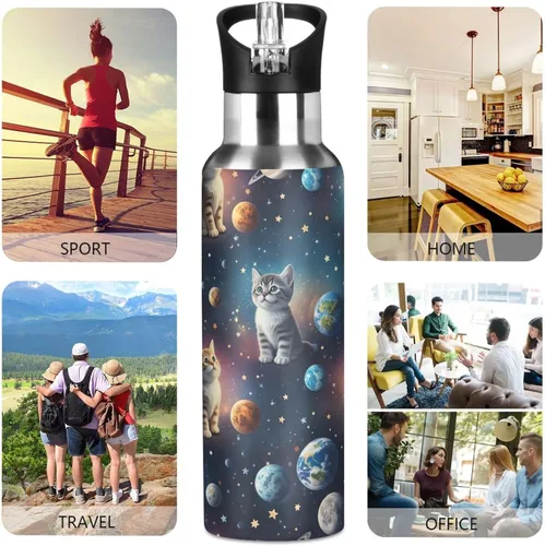 Vista 5 de Stainless Steel Vacuum Insulated Water Bottle 20 Oz, Leakproof Water Bottles for Gym Outdoor Travel School, Cute Cats Space