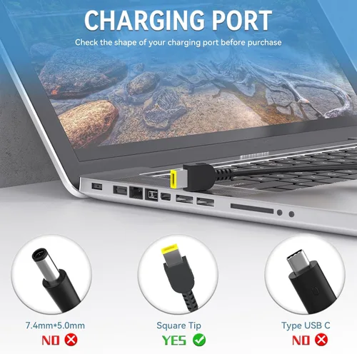 Vista 3 de Cargador para portátil de 45 W compatible con Lenovo X240 X250 T440 T450 L450 E450 Yoga 11 11S IdeaPad S21e G50 G40 Z50 Z50-70 Punta cuadrada Cable