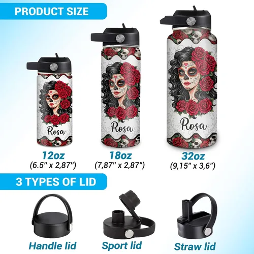 Vista 5 de Hyturtle Botella de agua personalizada con calavera de azúcar, botella de acero inoxidable aislada de viaje con tapa a prueba de fugas, 18 onzas, 32