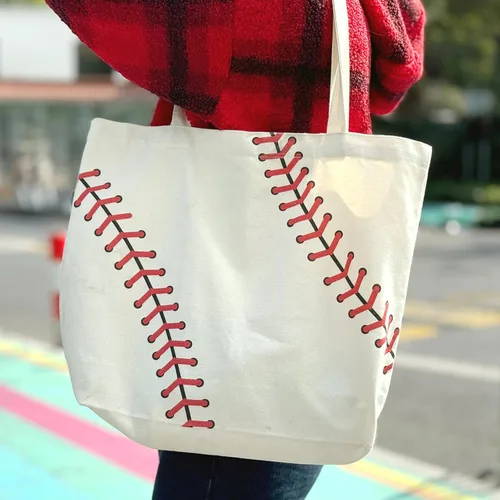 Vista 2 de Bolsa de béisbol para mujer, bolsa grande de lona de algodón de béisbol, reutilizable, bolsa de compras, playa, viaje, deporte, gimnasio, bolsa