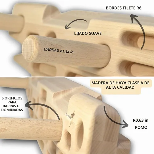 Vista 4 de FingerPeg 1.0 Hangboard – Tabla de entrenamiento de fingerboard para escalada con barras de dominadas – Elegante tabla de escalada de madera