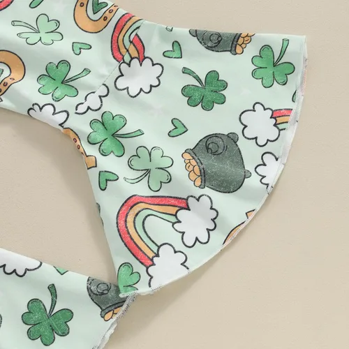 Vista 4 de Ayalinggo Conjunto de camiseta con estampado de trébol y pantalón acampanado con diadema para el Día de San Patricio In My Luck Girl Era