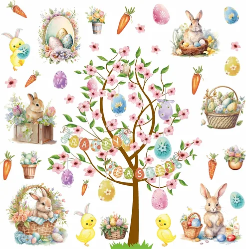 Vista 3 de Calcomanías vintage de Pascua para decoración de pared de conejo, calcomanías de ventana de Pascua, calcomanías de pared de árbol de primavera