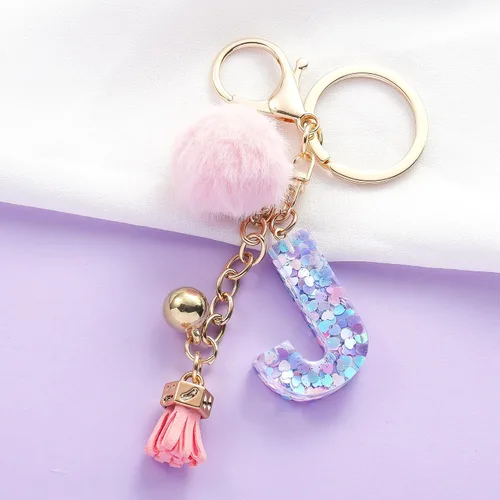 Vista 3 de Resin Alphabet Initial Letter Keychain Keyring for Women Purse Handbags With Fur Ball Pom