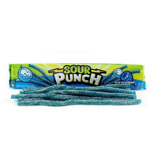 Vista 3 de Sour Punch Pajitas, dulces masticables suaves con sabor agridulce, bandeja, frambuesa azul, 2 onzas (paquete de 24)