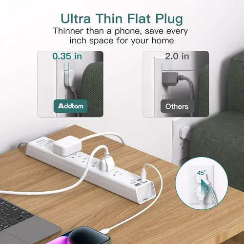 Vista 6 de Addtam Regleta protectora contra sobretensiones – Cable de extensión corto de 2 pies con 6 tomas de corriente y 4 puertos USB (2 USB C), montaje
