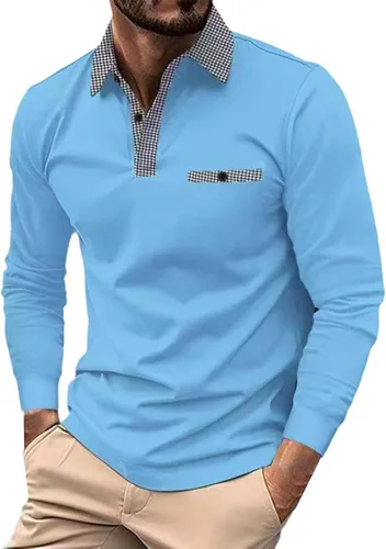 Vista 16 de Polo de manga larga para hombre, diseño casual de algodón con bolsillo, cuello clásico con botón para golf