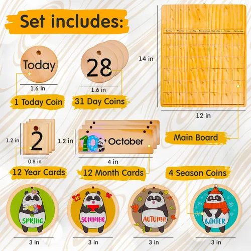 Vista 3 de Panda Brothers Calendario perpetuo de madera, juguete Montessori para niños, temporadas de aprendizaje, meses y días del año, calendario preescolar