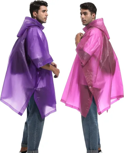 Vista 14 de Ponchos de lluvia reutilizables con capucha con cordón para adultos, abrigo de lluvia grueso impermeable, 2 paquetes